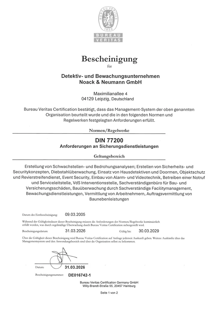 DIN 77200 Zertifikat Sicherheitsdienstleistungen Blatt 2 – Noack & Neumann