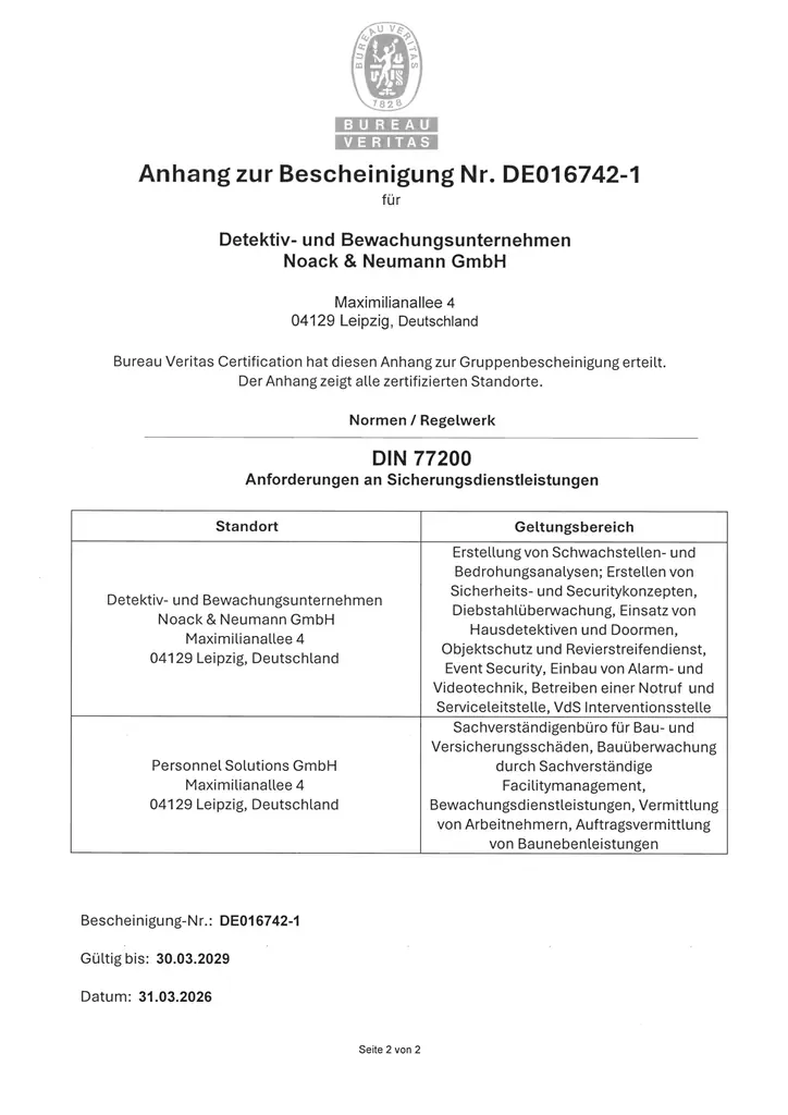 DIN 77200 Zertifikat Sicherheitsdienstleistungen – Noack & Neumann