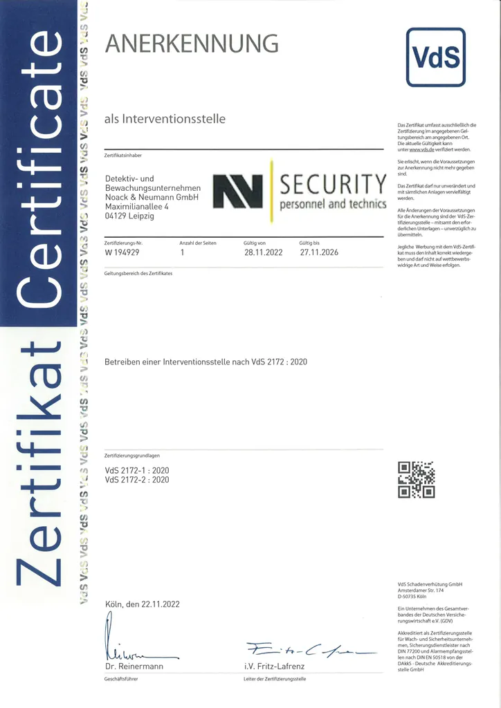 VdS Zertifikat 2172 Sicherheitsdienst – Noack & Neumann