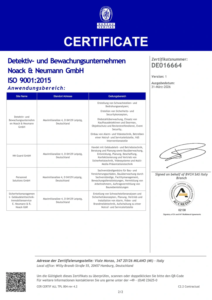 ISO 9001 Qualitätsmanagement Zertifikat Blatt 1 – Noack & Neumann